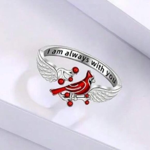 Red Cardinal Cuff Ring Adjustable Remembrance I Am Always with You - Picture 3 of 5